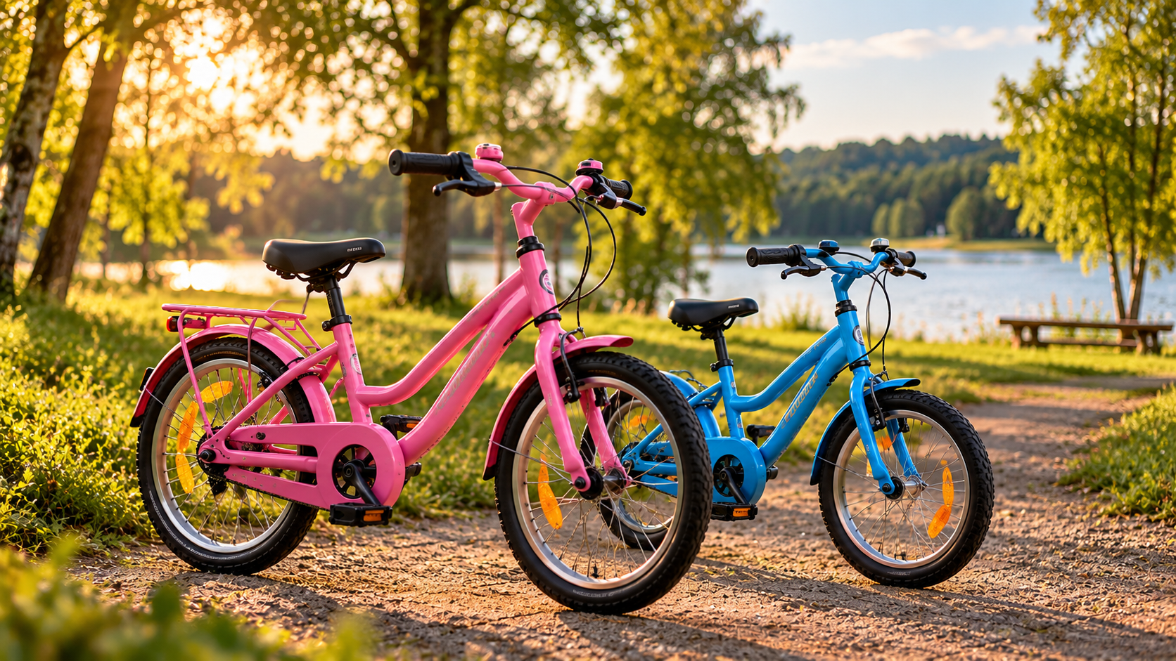 Rosa och blå barncyklar i en park
