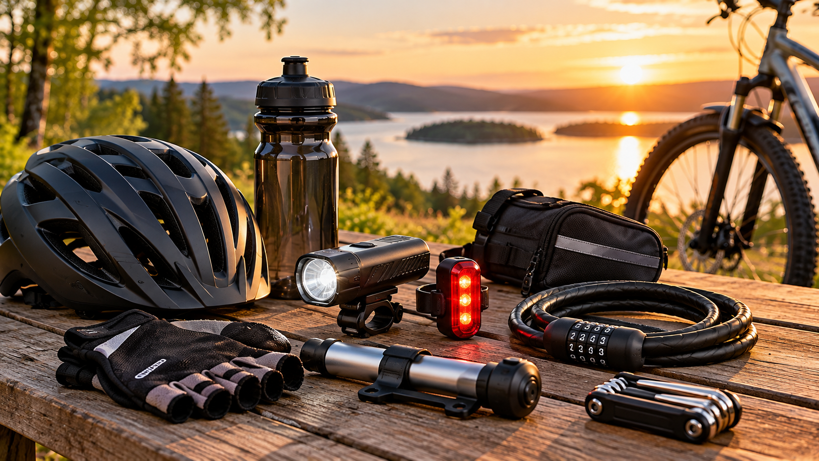 Cykelhjälm, cykellås, lampor och andra tillbehör